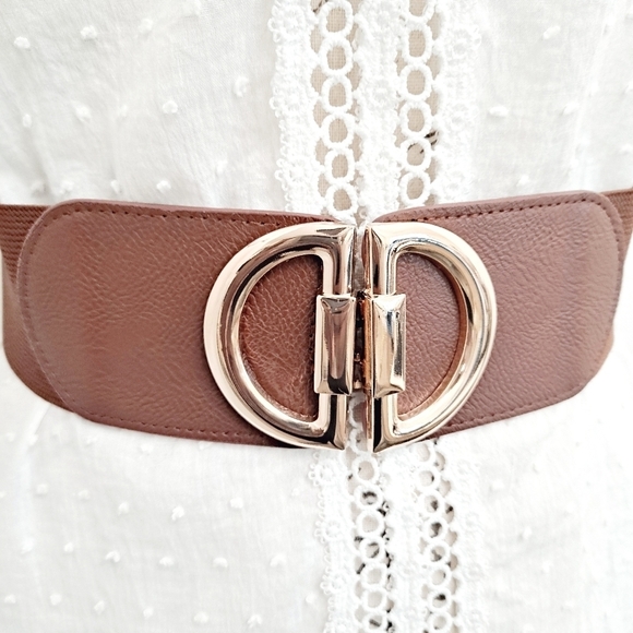 Brown elastic gold buckle corset wide cinch stretch waist statement dress Belt - Picture 12 of 12